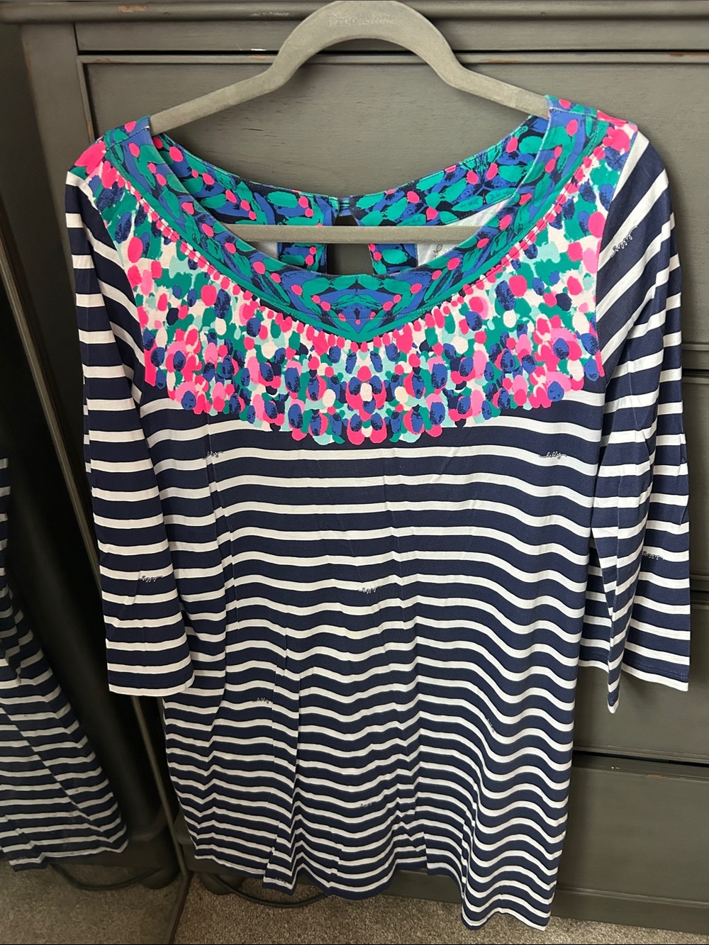 Lilly Pulitzer Navy & White Striped Tunic with Teal, Pink & Purple Yoke